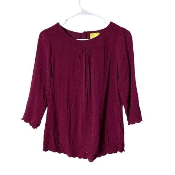 Anthropologie Maeve Women’s  Swiss Dot Blouse Size‎ 4 Maroon Scalloped Edge - Picture 2 of 10